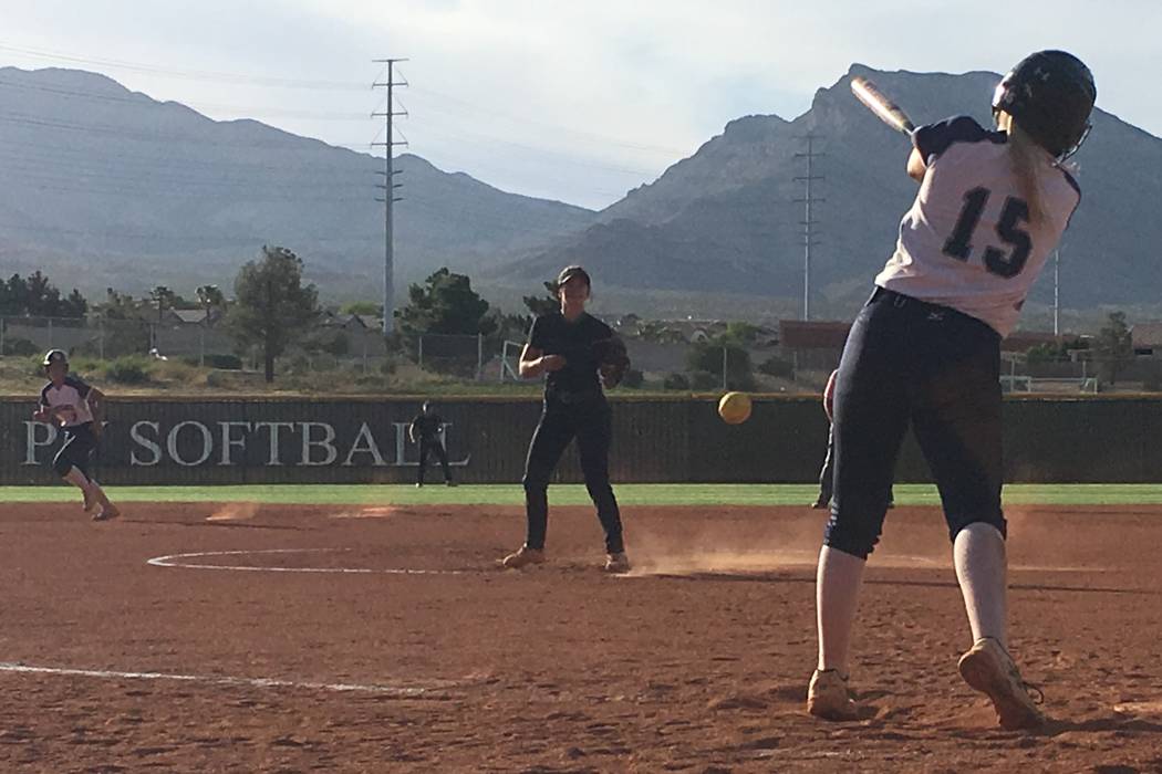 Palo Verde’s Taylor Askland pitches to Shadow Ridge’s Mia Voges in a Sunset Regi ...