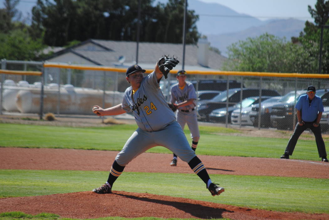 Boulder City’s Nolan Herr pitches agaisnt Pahrump Valley on Thursday, May 10, 2018. (C ...
