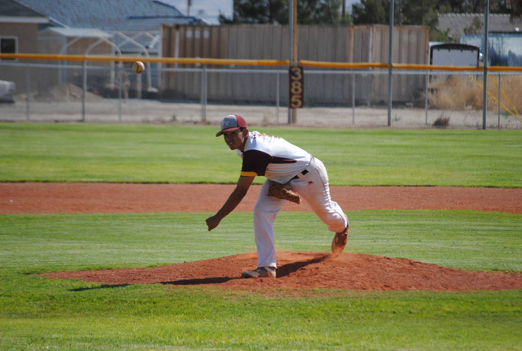 Pahrump Valley starter Jalen Denton fires a pitch on Thursday, May 10, 2018. (Courtesy Charl ...