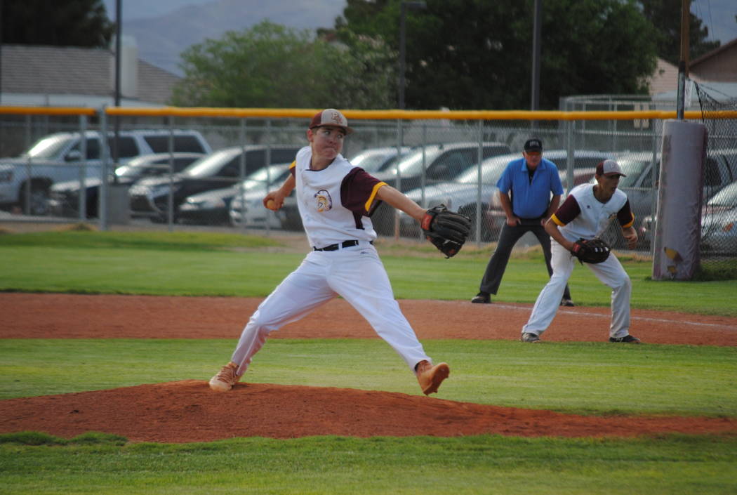 Pahrump Valley’s Cyle Havel pitches against Boulder City on Thursday, May 10, 2018. (C ...