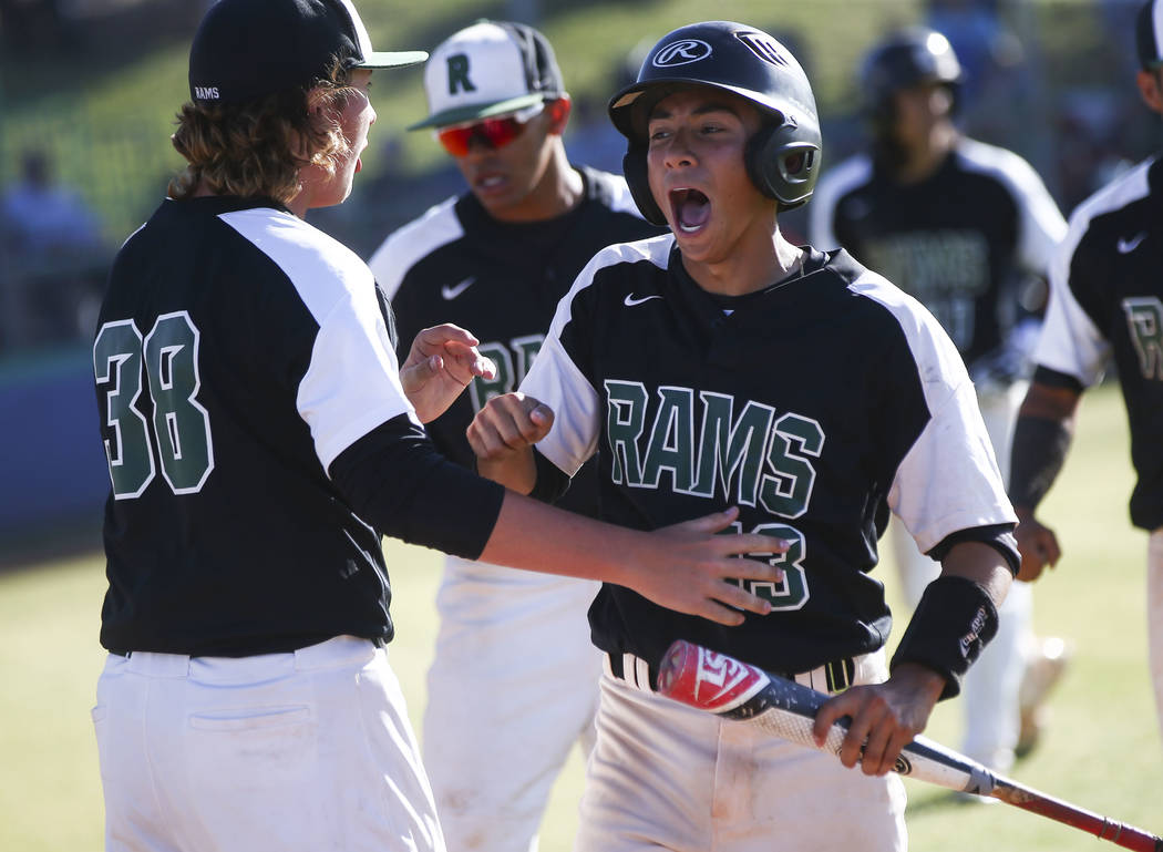 Rancho’s Chayse Baker (13) celebrates his run against Coronado during the Sunset Regio ...