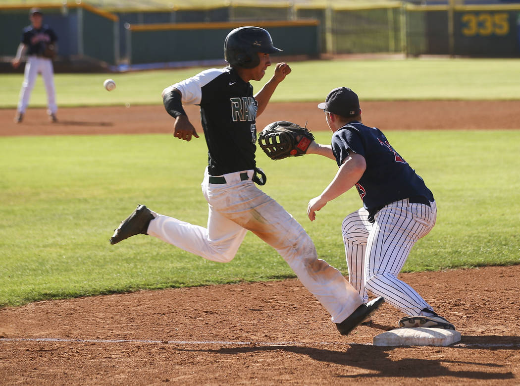 Rancho’s Anthony Guzman (27) gets to first base against Coronado’s Nolan Patters ...