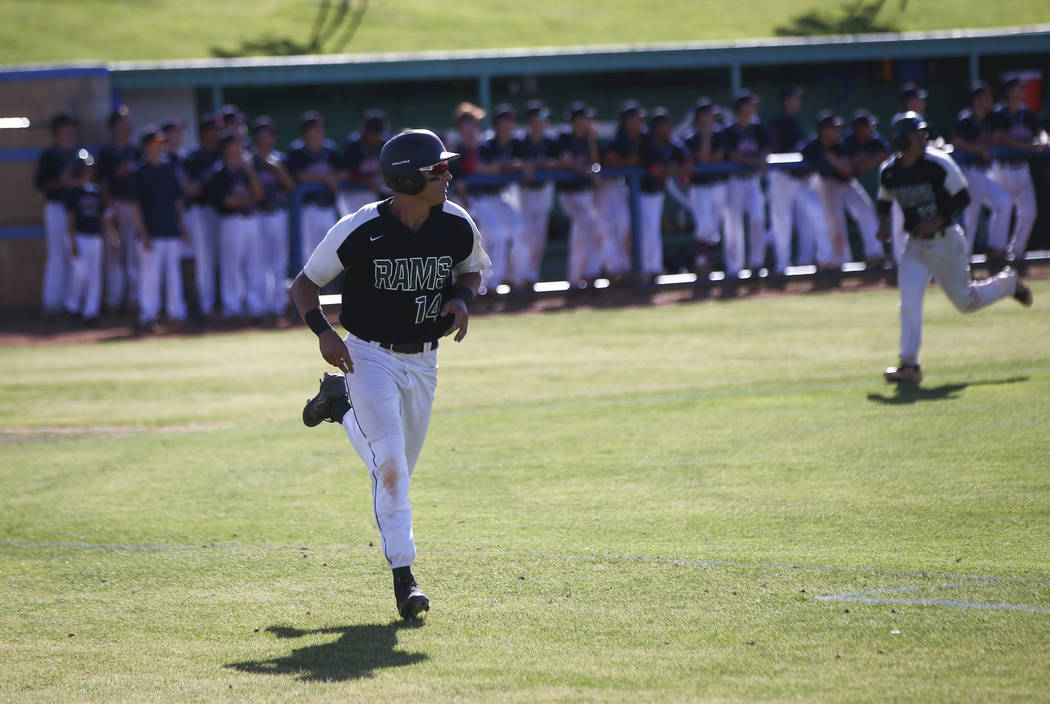 Rancho’s Joey Walls (14) rounds bases during the Sunset Region semifinal baseball game ...