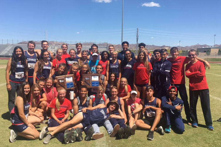 Coronado’s boys and girls track teams pose with their Sunrise Region championship trop ...