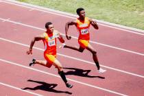 Bishop Gorman’s Jalen Nailor and Kyu Kelly compete in the 200-meter dash at the Sunset ...