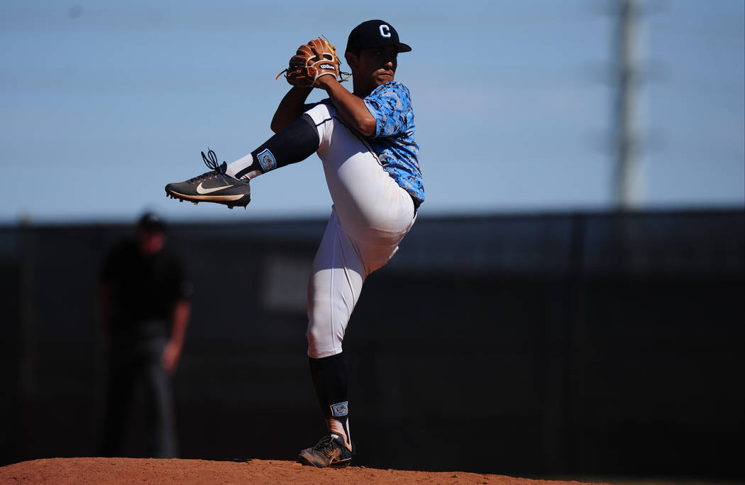 Centennial starting pitcher Nate Martin delivers to Palo Verde during the 2018 NIAA Class 4 ...