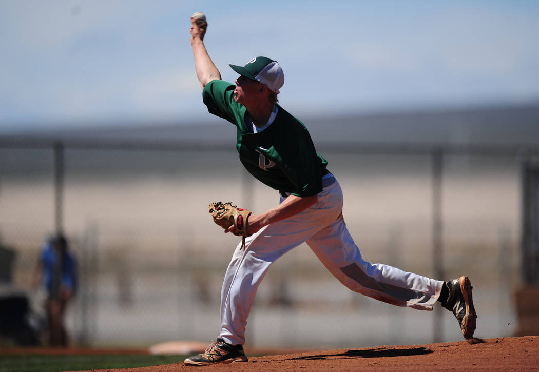 Palo Verde starting pitcher Bryce Robison delivers to Centennial during the 2018 NIAA Class ...