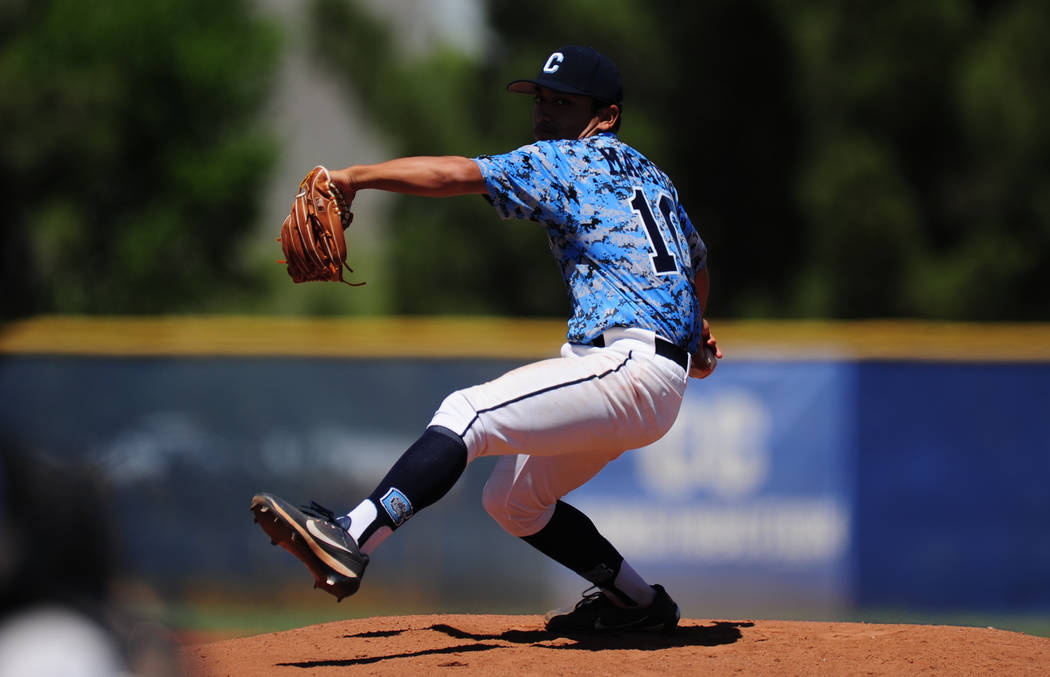 Centennial starting pitcher Nate Martin delivers to Palo Verde during the 2018 NIAA Class 4 ...