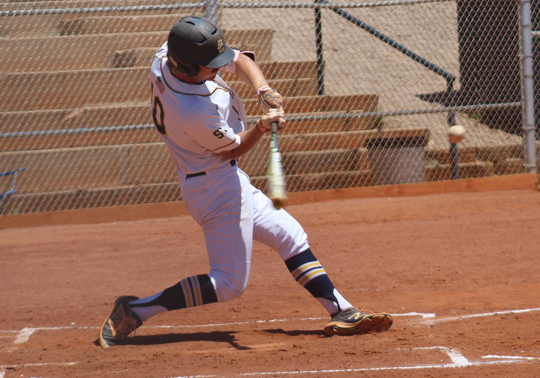 Boulder City’s Anthony Pacifico takes a swing against Pahrump Valley on Saturday, May ...