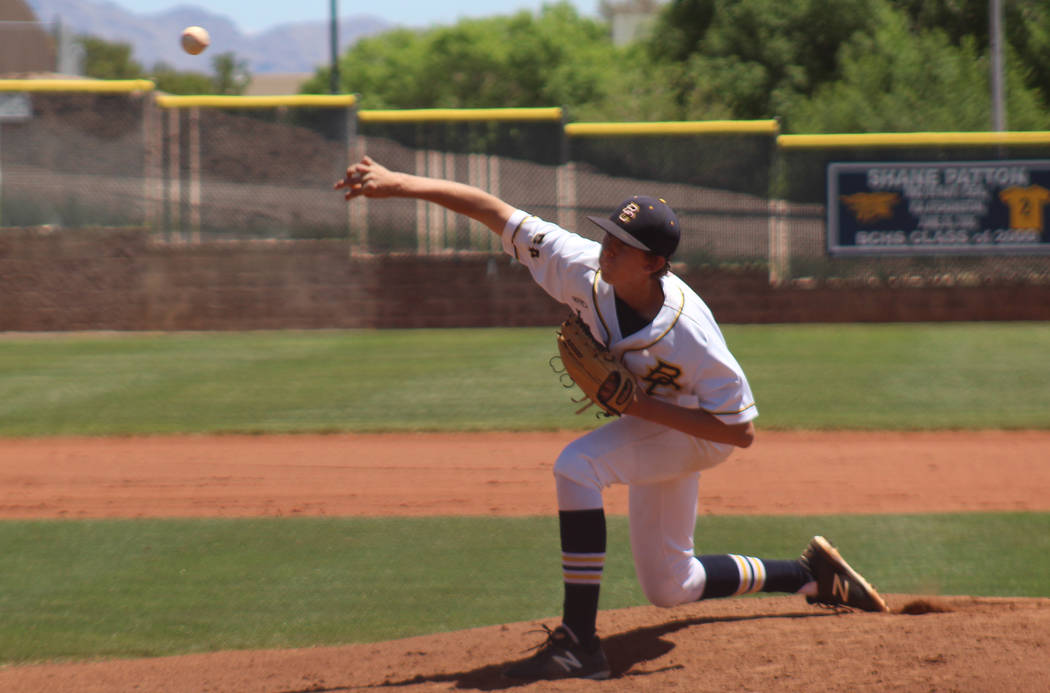Boulder City’s Joey Giunta pitches against Pahrump Valley on Saturday, May 12, 2018. ( ...