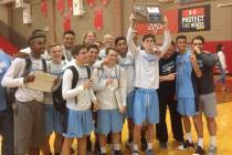 Centennial’s boys volleyball team poses with the Class 4A Sunset Region championship t ...