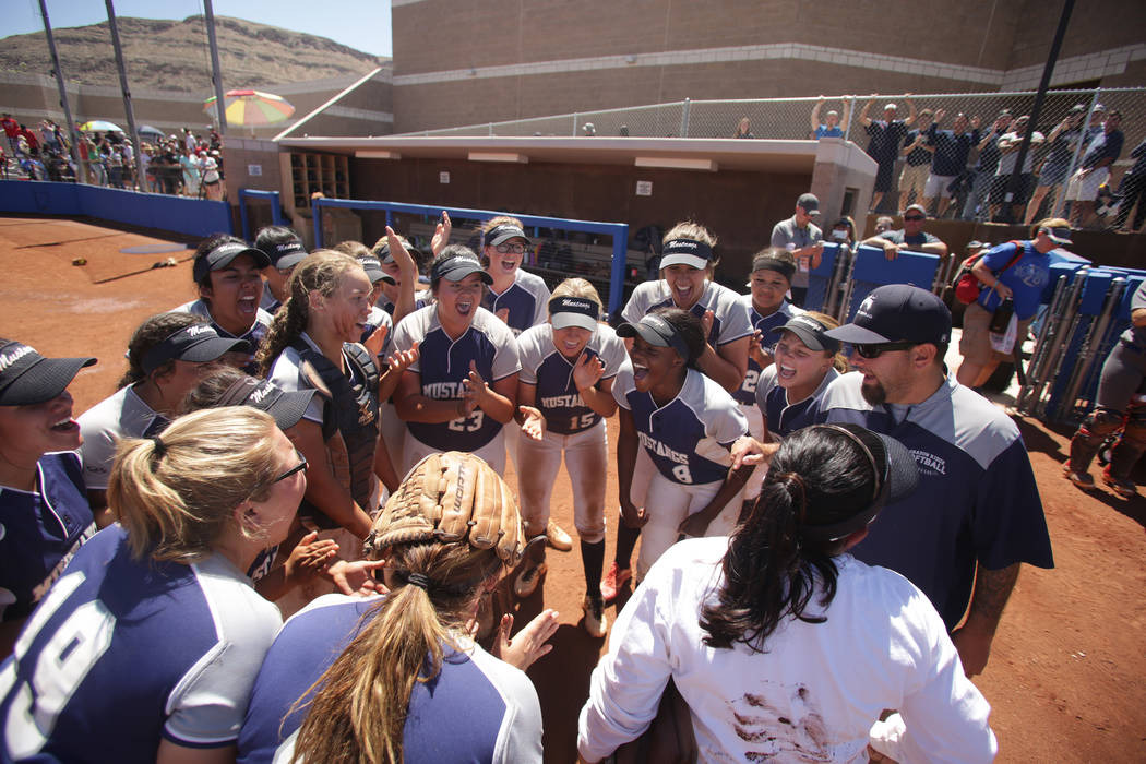 The Shadow Ridge Girls Softball team celebrates their win over Palo Verde to clinch the 2018 ...