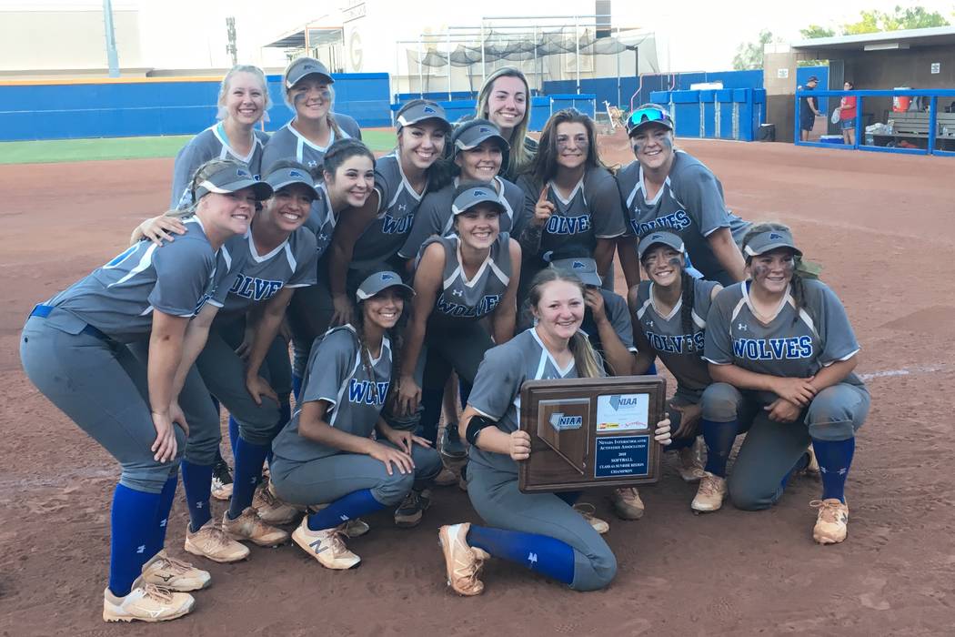 Basic’s softball team poses with the Sunrise Region trophy after beating Coronado 15-1 ...