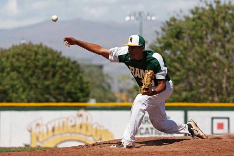 Rancho’s pitcher Jimmy Gamboa (99) pitches against Basic during the fifth inning at Ra ...