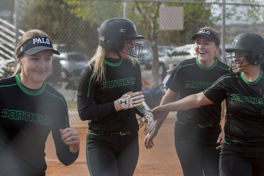 Palo Verde’s Lauryn Barker, second from left, celebrates with teammates after scoring ...