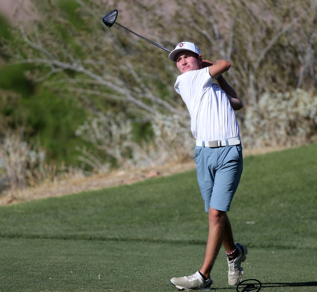 Arbor View’s Cameron Gambini tees off on 14th hole at Reflection Bay Golf Club in Hend ...