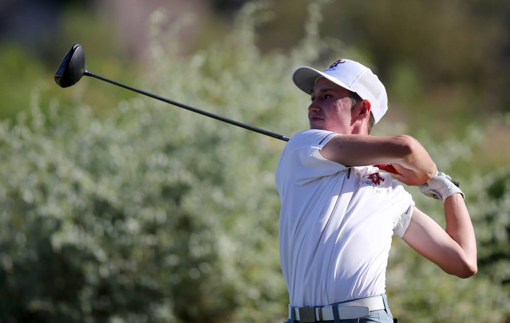 Arbor View’s Cameron Gambini tees off on 15th hole at Reflection Bay Golf Club in Hend ...