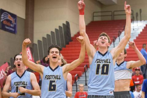 Foothill’s Caleb Stearman (10), Trent Milne (6) and Sawyer Campbell (13) celebrate aft ...