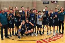 Sky Pointe boys volleyball players pose for a picture after claiming the Class 3A state cham ...