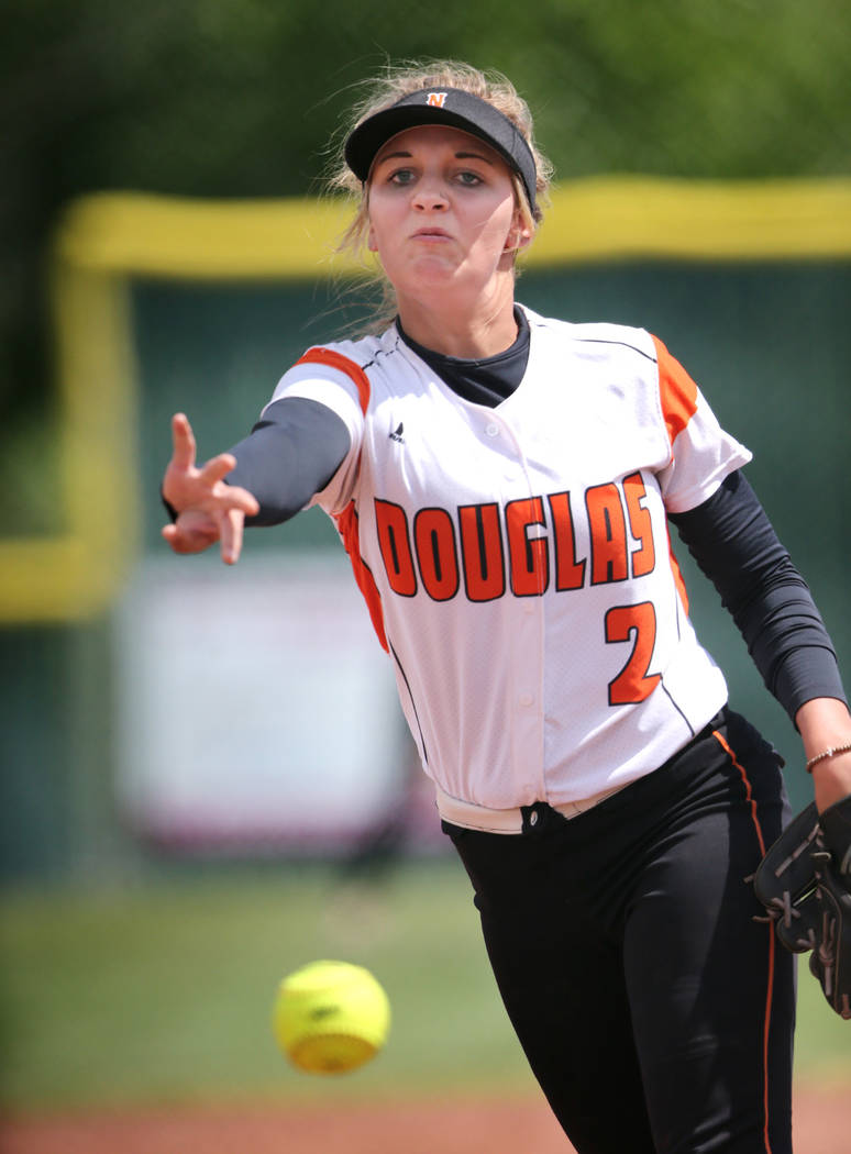 Amanda Hoffman pitches for the Douglas Tigers against the Basic Wolves in the NIAA 4A softba ...