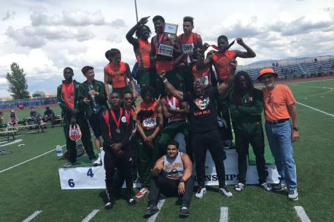 Mojave’s boys track and field celebrates its Class 3A state championship victory on Sa ...