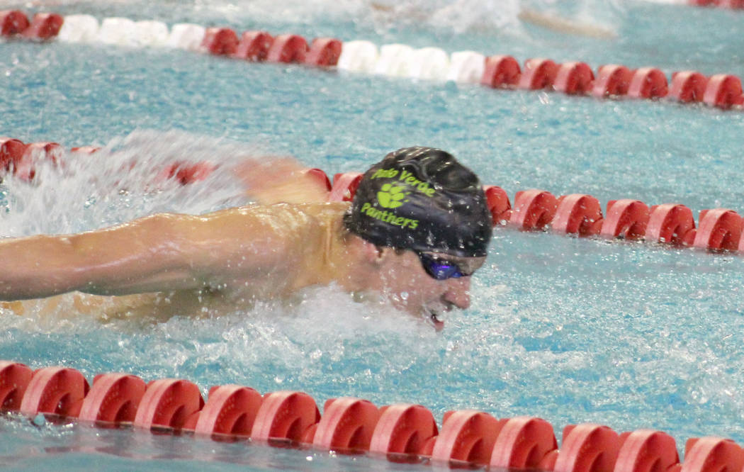 Palo Verde’s David Miller competes in the 100 butterfly during the Class 4A state cham ...
