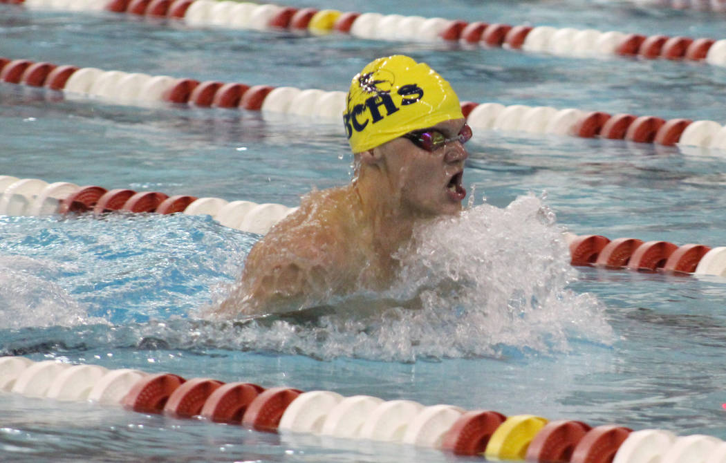 Boulder City’s A.J. Pouch competes in the 200 breaststroke at the Class 3A state swimm ...