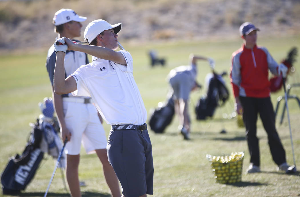 Arbor View’s Hazen Newman at the driving range during practice at the Paiute Golf Reso ...