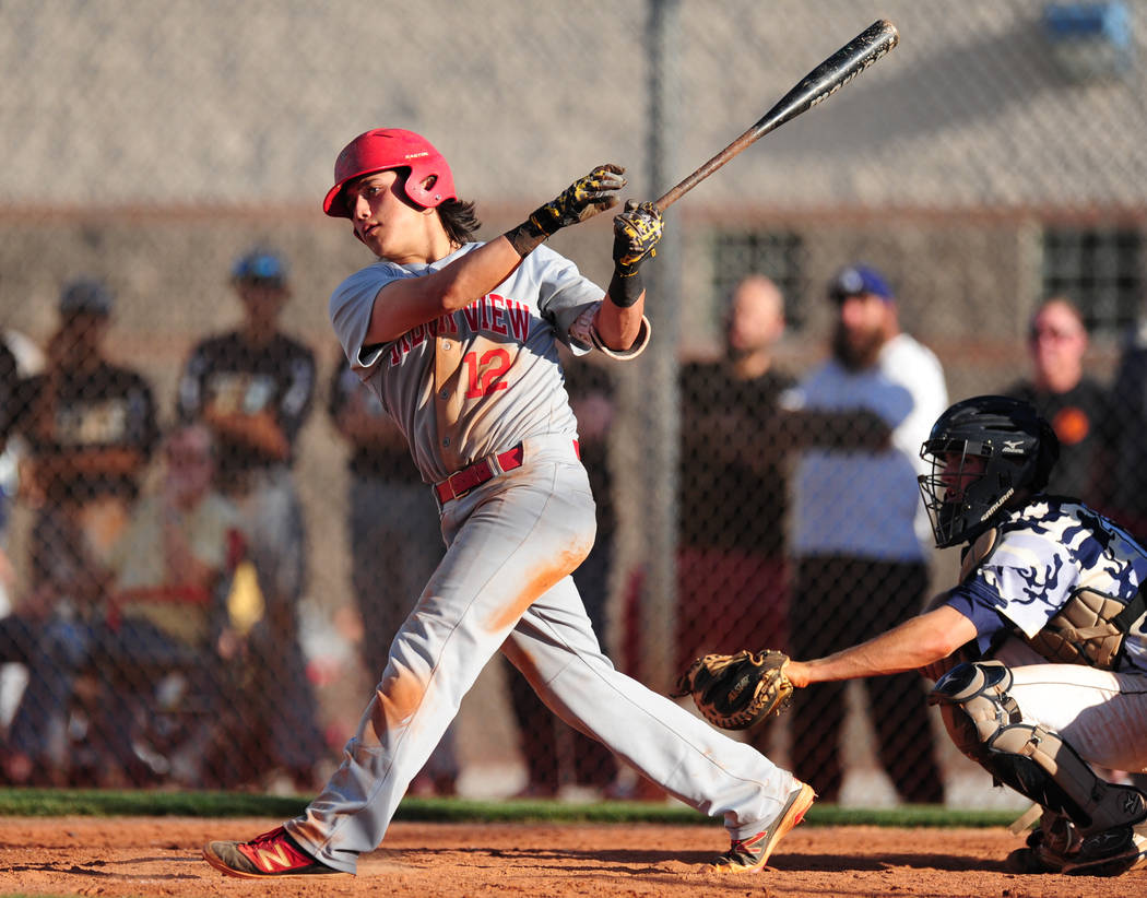 Arbor View shortstop Nick Quintana hits an RBI double against Shadow Ridge in the seventh in ...