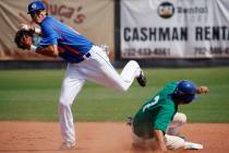 Bishop Gorman’s Joey Gallo looks to turn a double play as Green Valley’s Even Va ...