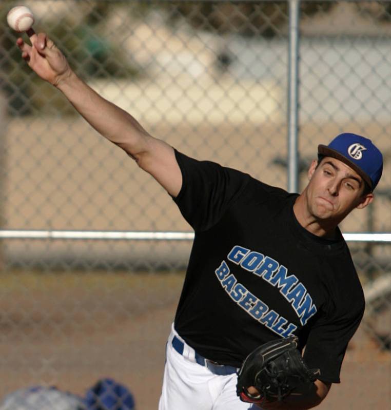 Bishop Gorman High School baseball player Donn Roach warms up in the bullpen at Paul Meyer P ...