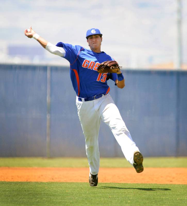 Bishop Gorman’s Joey Gallo fires the ball to first base to make the out during the Sun ...
