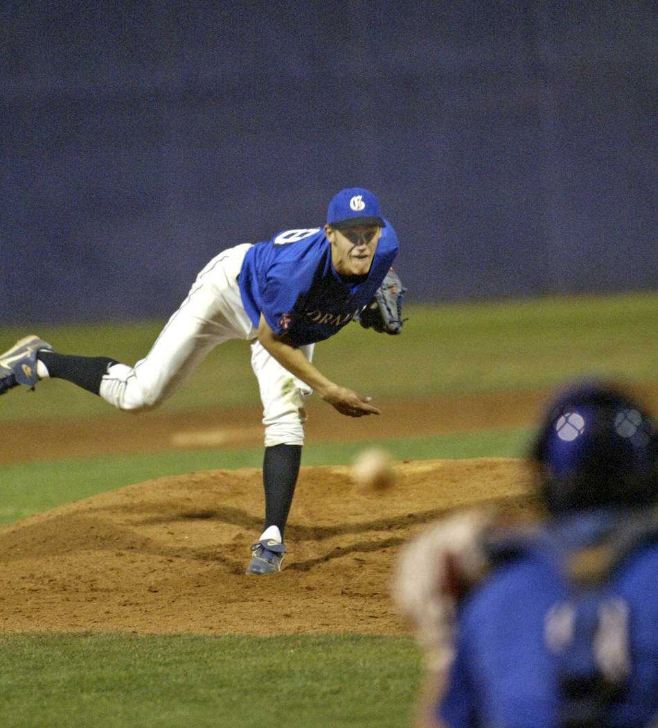 Bishop Gorman High School pitcher Taylor Cole delivers a pitch on his way to a shutout again ...