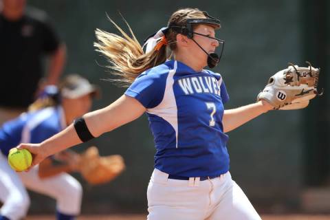 Basic Wolves’ Shelby Basso pitches against the Douglas Tigers during the NIAA 4A softb ...
