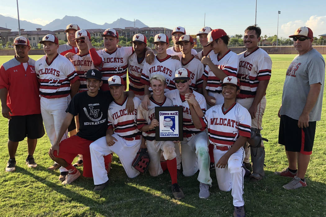 Las Vegas Cats players pose with the Connie Mack state championship plaque after a 9-8 victo ...