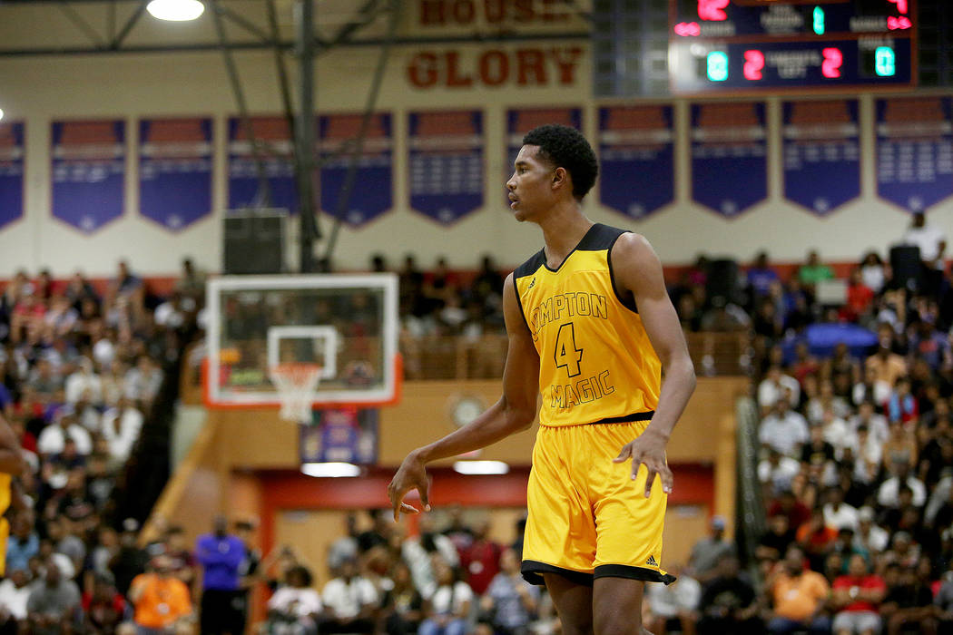 Compton Magic’s Evan Mobley (4) at a game against Bishop Gorman at Bishop Gorman High ...