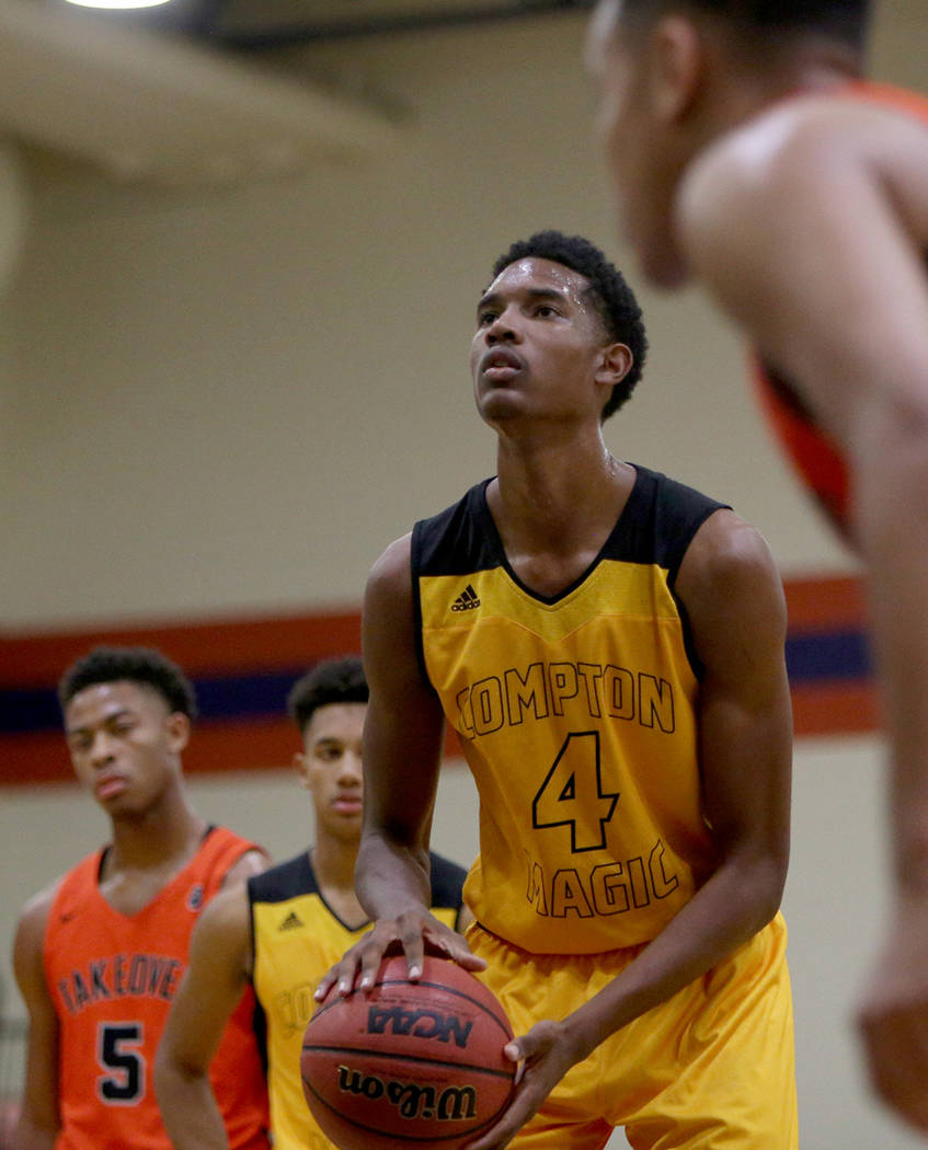 Compton Magic’s Evan Mobley (4) throws a free throw at a game against Bishop Gorman at ...