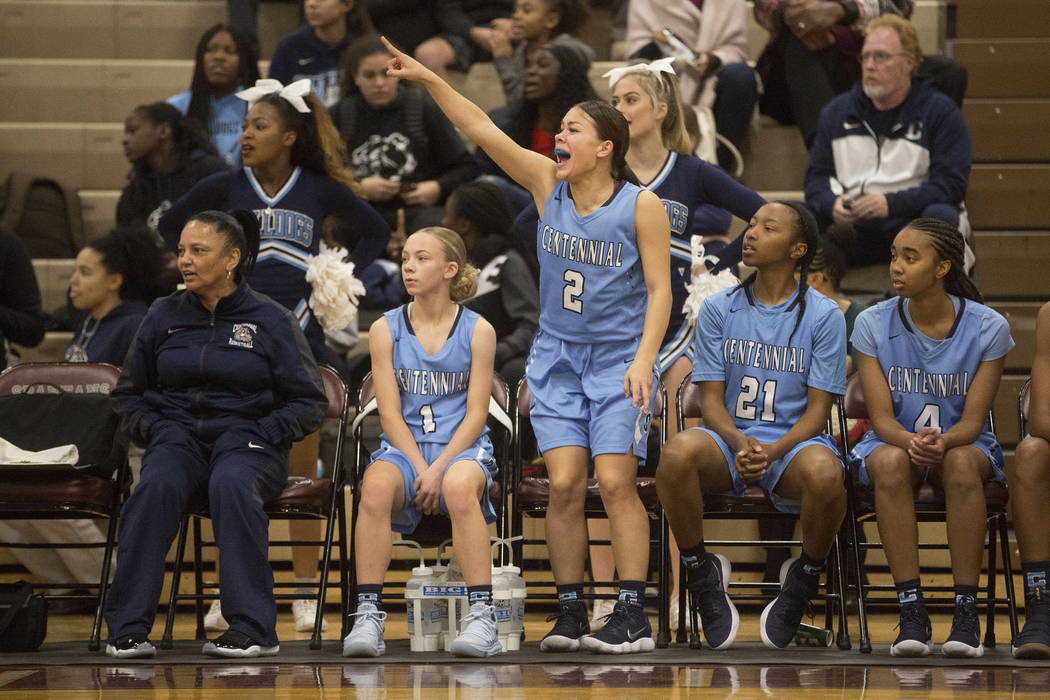 Centennial basketball player Melanie Isbell (2) stands to cheer on a teammate with Justice E ...