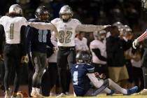 Green Valley’s Braxton Harms (32) reacts to the last play of the game against Canyon S ...
