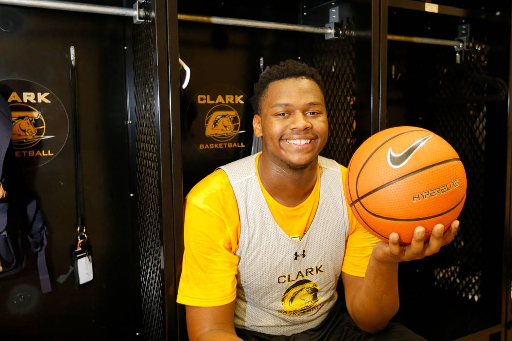 Clark forward-center Antwon Jackson, in the locker room at Clark High School in Las Vegas, T ...