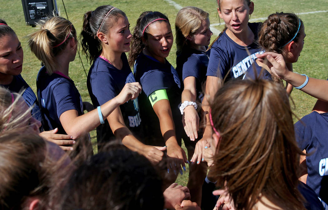 Members of Centennial High School’s women’s soccer cheer for Brooke before a gam ...