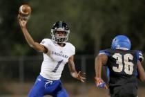 Desert Pines’ quarterback Tyler Williamson (1) throws against Sierra Vista’s Jav ...