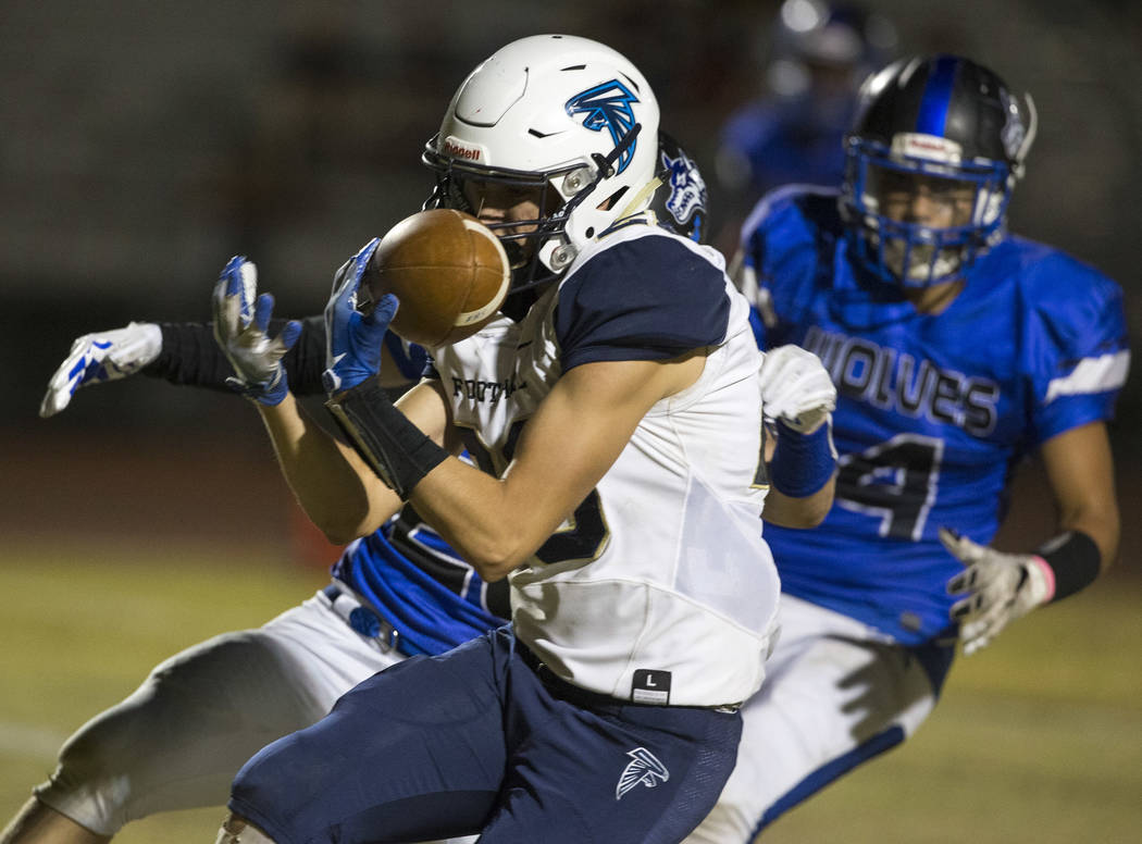 Foothill wide receiver Braeden Wilson (28) makes a catch for a touchdown past Basic defender ...