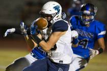 Foothill wide receiver Braeden Wilson (28) makes a catch for a touchdown past Basic defender ...