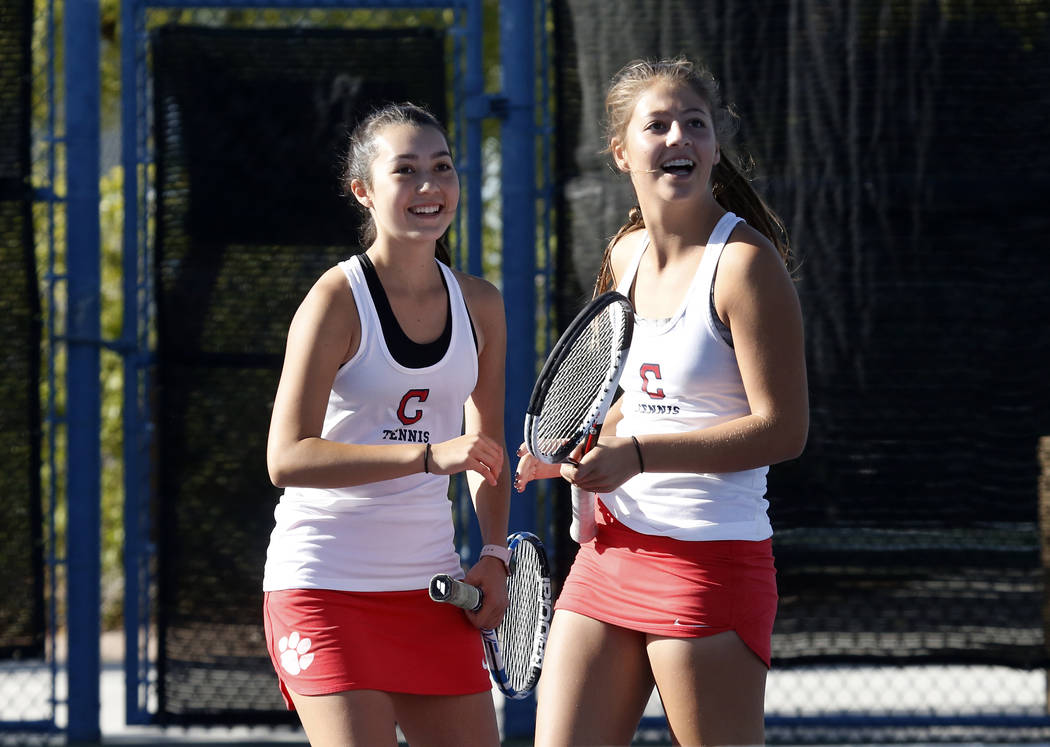 Coronado High’s Sidra Wohlwend, left, and Ava Nhaisi celebrate their 6-3 win against B ...