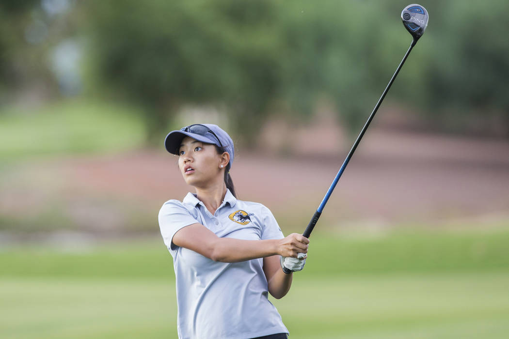 Clark sophomore Riana Mission drives the ball at Stallion Mountain Golf Club on Wednesday, O ...