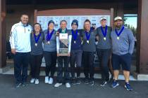 Boulder City girls golfers celebrate winning the Class 3A state championship at Schaffer&#82 ...