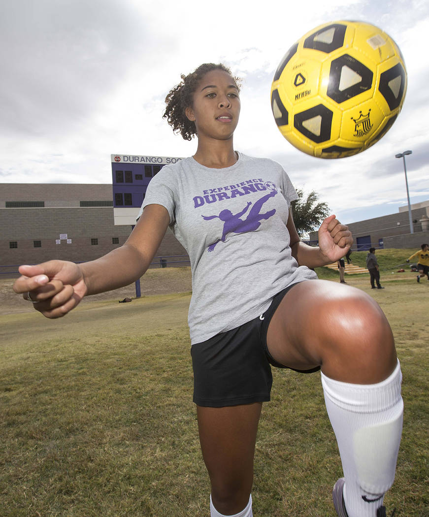 Durango senior soccer player Laila Loring dribbles the ball before practice at Durango High ...