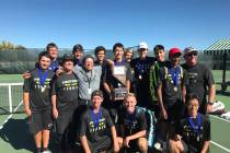 Palo Verde boys tennis players pose with the Class 4A state championship trophy at Bishop Ma ...