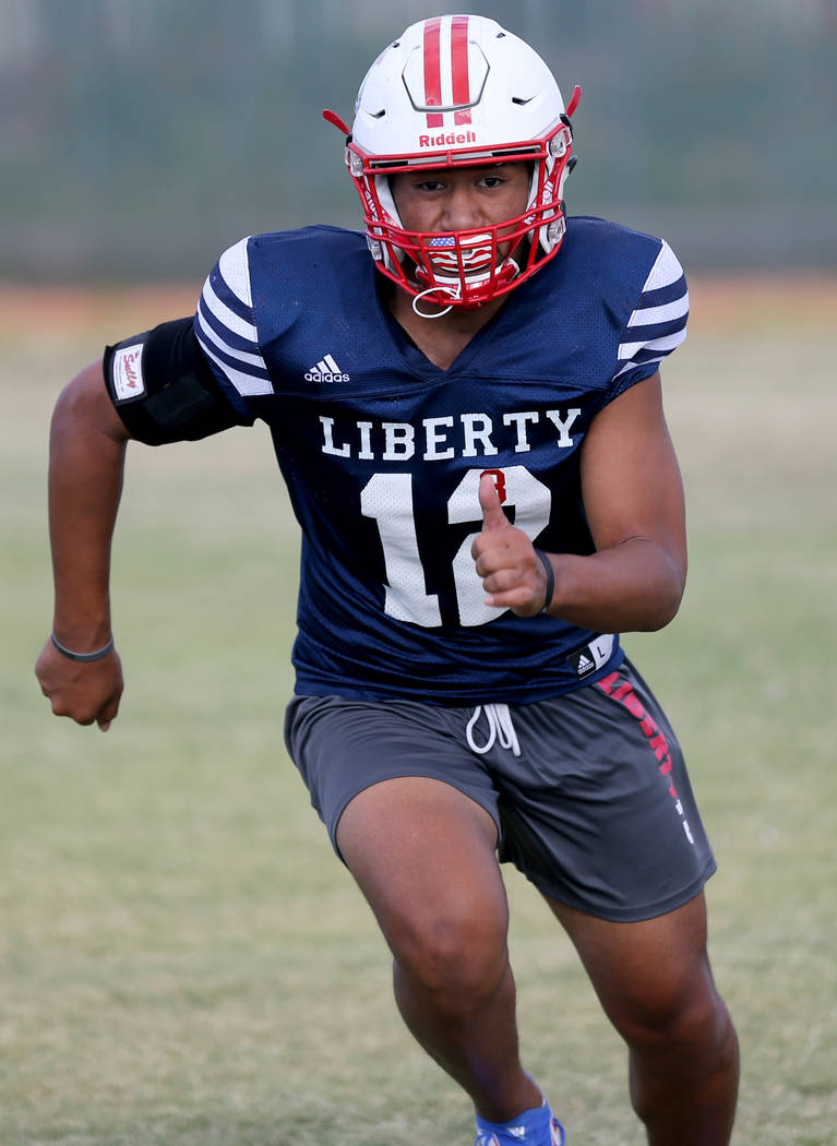 Liberty safety Austin Fiaseu during practice at the school in Las Vegas Wednesday, Sept. 5, ...